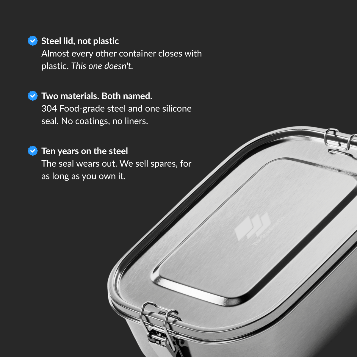 1400 ml rectangular stainless steel container, lid, divider and silicone seal