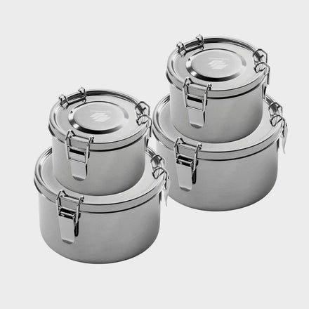 Round Set — two 1200 ml and two 400 ml round stainless steel containers with steel lids
