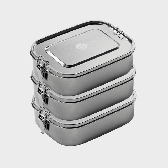 Stack Set 3 — three 1400 ml rectangular stainless steel containers with steel lids, stacked